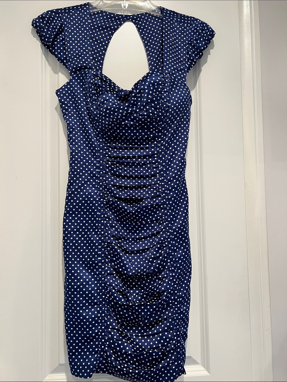 Beautiful Guess Navy and White Polka Dot Ruched Midi Dress